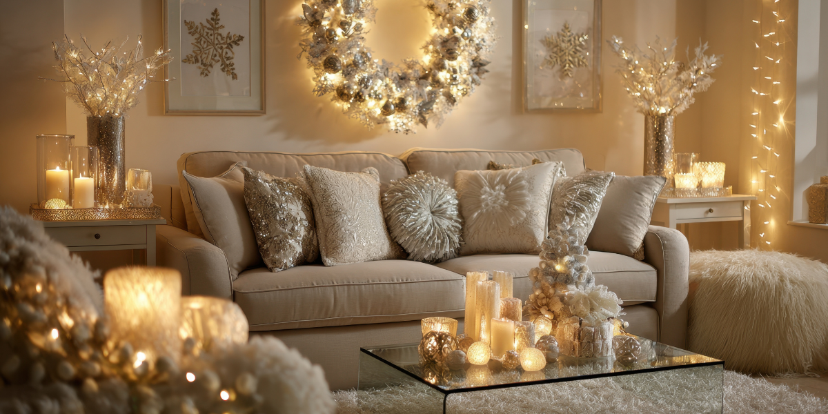 Cozy holiday living room with elegant white and silver decorations, plush pillows, illuminated candles, and sparkling fairy lights, showcasing the festive spirit ideal for professional holiday lighting installation.