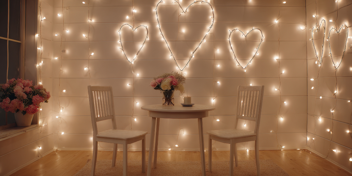 Cozy indoor setting with white string lights forming heart shapes on walls, a round table with a candle and a floral arrangement, and two white chairs, creating a romantic ambiance for outdoor lighting inspiration.