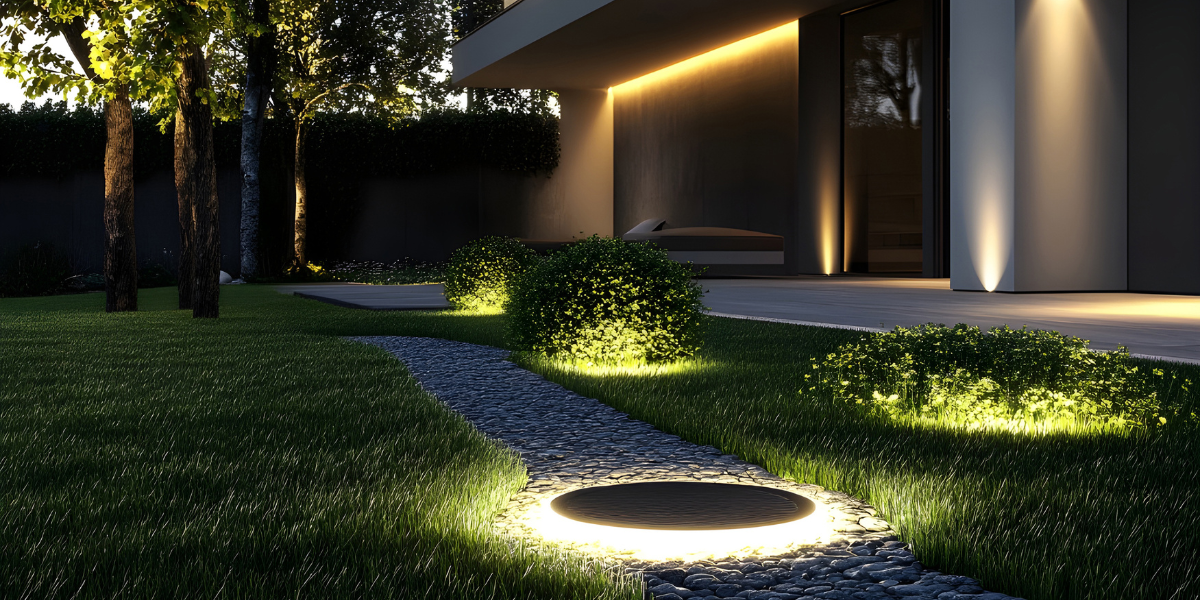 Modern landscape lighting illuminating a stone pathway and surrounding greenery, enhancing outdoor aesthetics and safety in a residential setting.